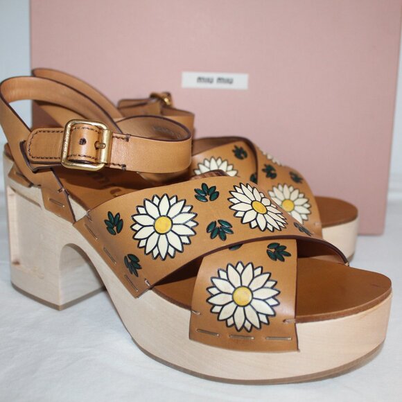 Miu Miu Shoes - NWB MIU MIU Painted Flowers Wooden Heeled Sandals Platform 40